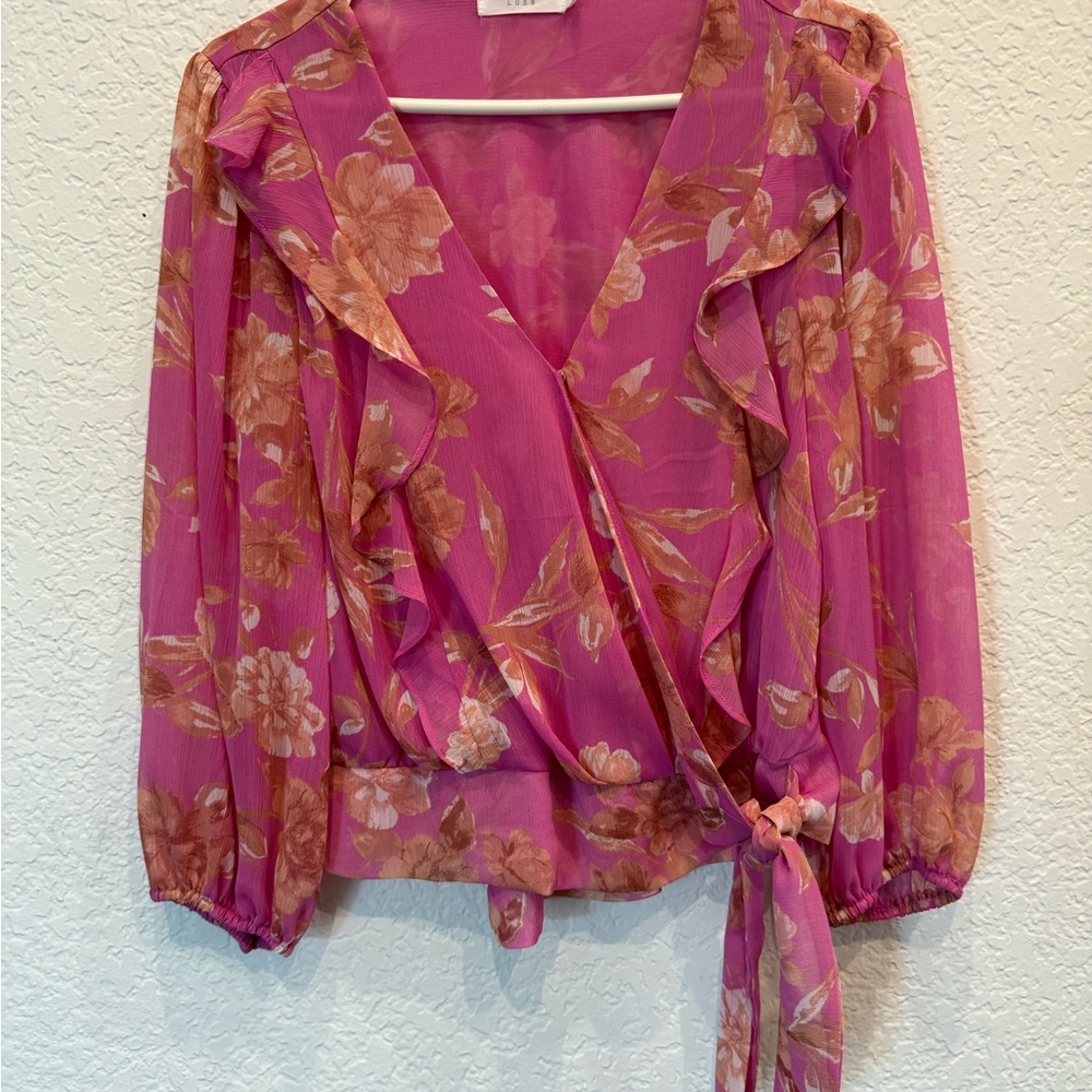 Lush Pink Wrap Blouse with Ruffled Long Sleeves